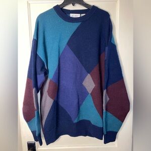 Vintage Brian MacNeil 100% Wool Color Block Argyle Blue XXL Tall Pullover